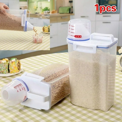 Large Plastic Cereal Storage Box Airtight Moisture Proof Kitchen Container for Rice Flour Pet Food with Measuring Cup