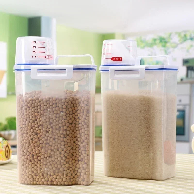 Large Plastic Cereal Storage Box Airtight Moisture Proof Kitchen Container for Rice Flour Pet Food with Measuring Cup