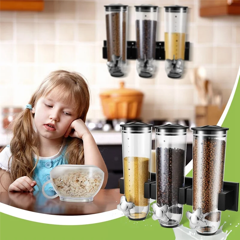 Wall Mount Triple Dry Cereal Grain Dispenser, Candy Dispenser For Pantry Food Storage Container Machine