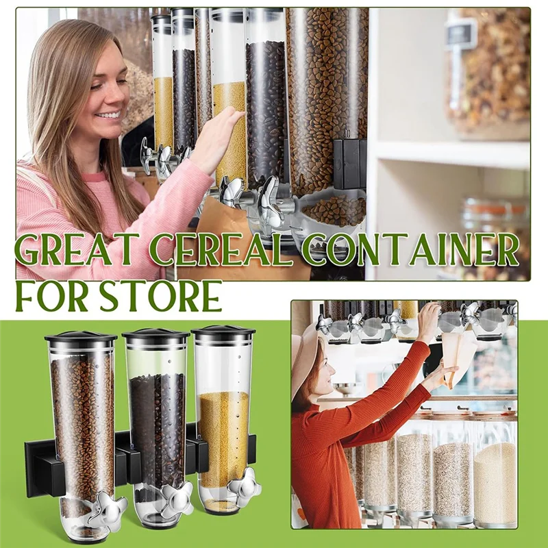 Wall Mount Triple Dry Cereal Grain Dispenser, Candy Dispenser For Pantry Food Storage Container Machine