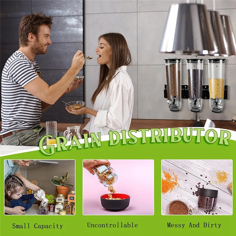Wall Mount Triple Dry Cereal Grain Dispenser, Candy Dispenser For Pantry Food Storage Container Machine