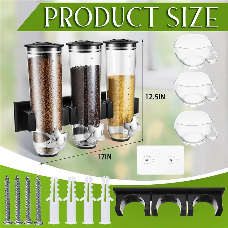 Wall Mount Triple Dry Cereal Grain Dispenser, Candy Dispenser For Pantry Food Storage Container Machine